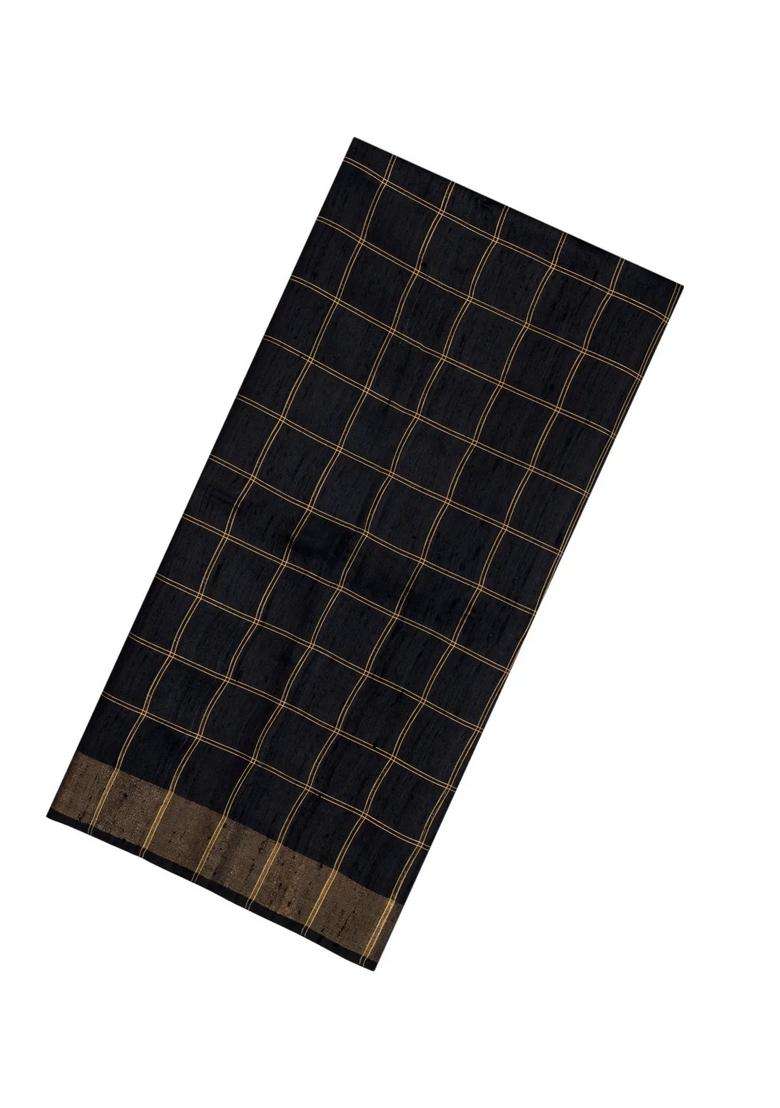 Black Handloom Dupion Silk Saree With Checks Printed Pallu For Women - Indya