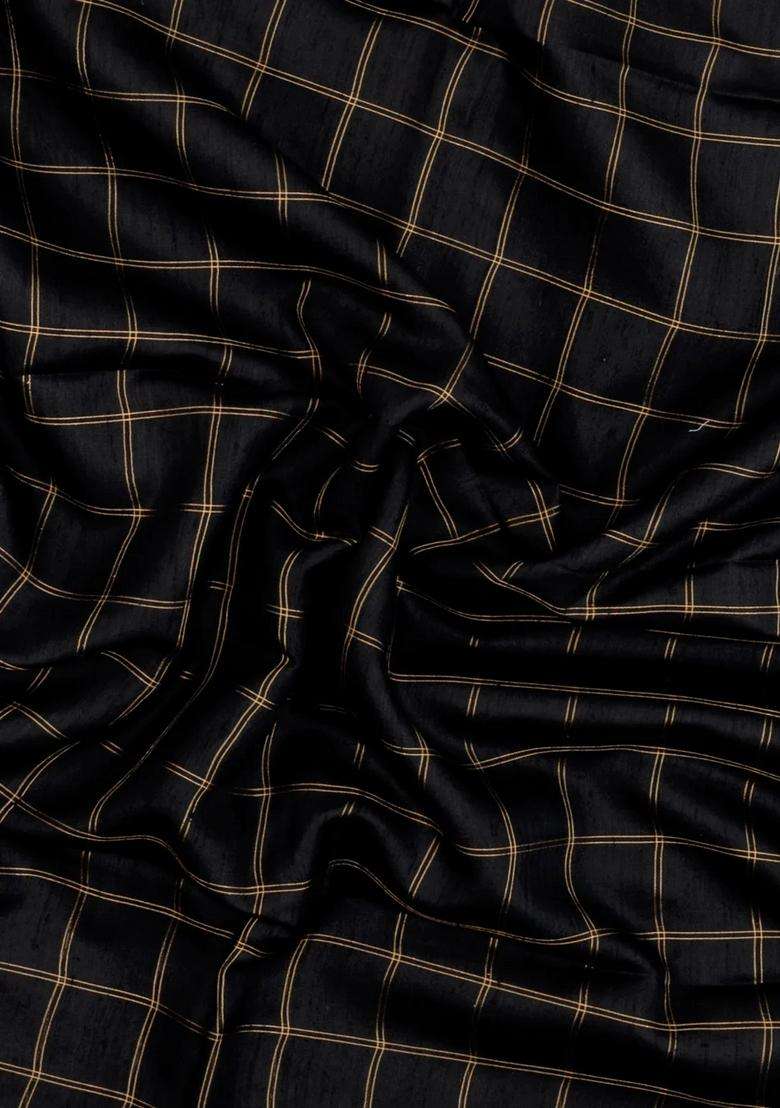 Black Handloom Dupion Silk Saree With Checks Printed Pallu For Women - Indya