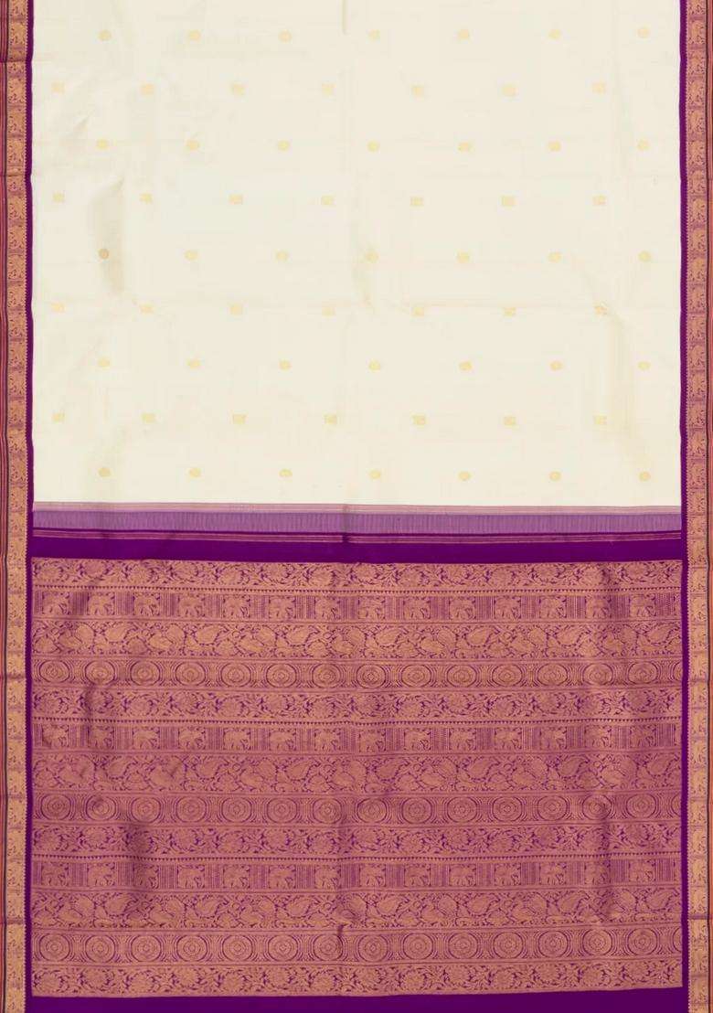 White Handloom Korvai Kanchipuram Silk Saree With Buttas With Korvai And Temple Border Design For Women - Indya