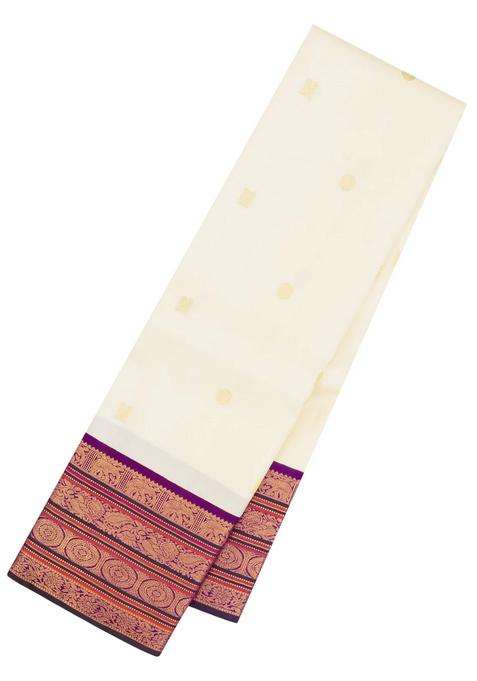 White Handloom Korvai Kanchipuram Silk Saree With Buttas With Korvai And Temple Border Design For Women