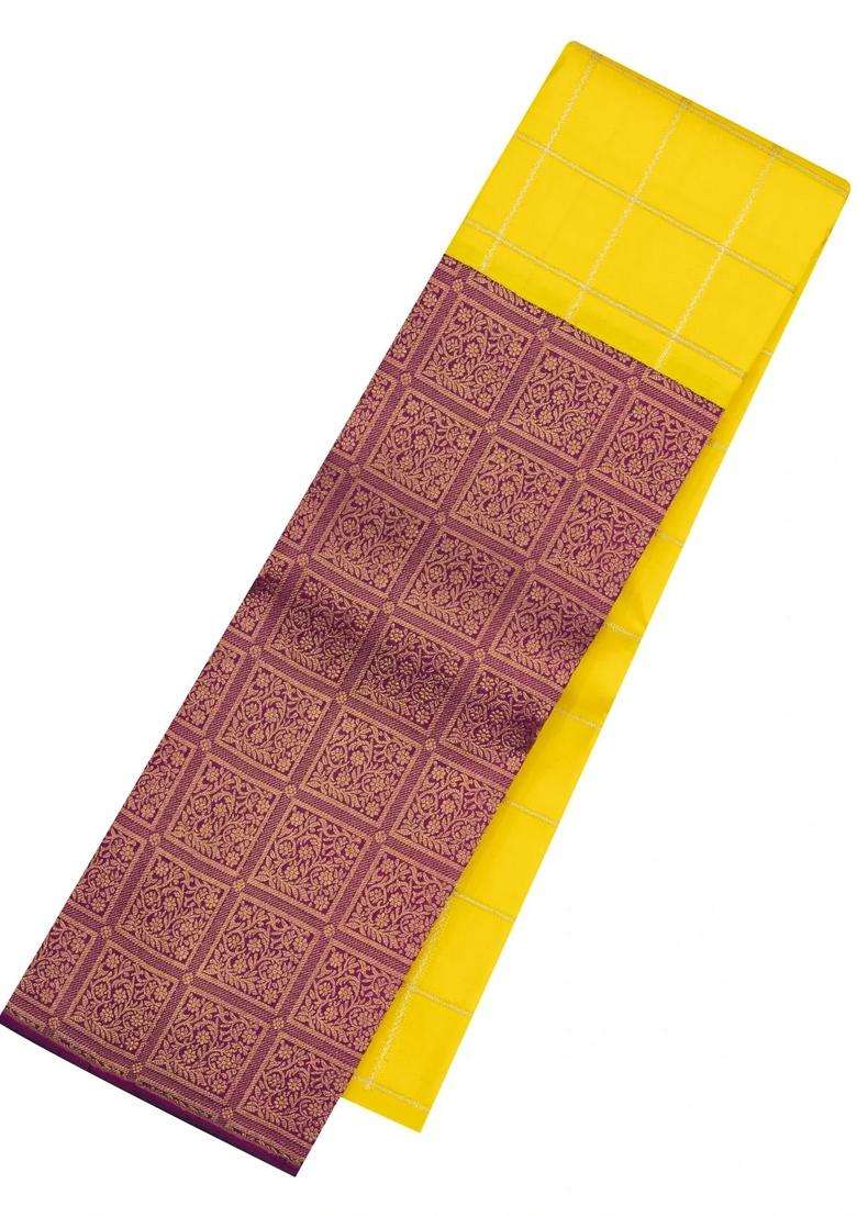 Yellow Handloom Korvai Kanchipuram Half Half Silk Saree With Korvai And Temple Border Design For Women - Indya
