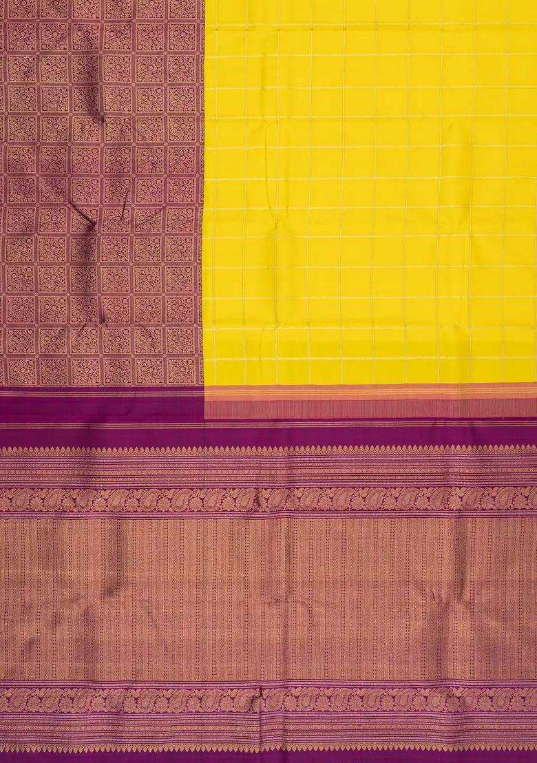 Yellow Handloom Korvai Kanchipuram Half Half Silk Saree With Korvai And Temple Border Design For Women - Indya
