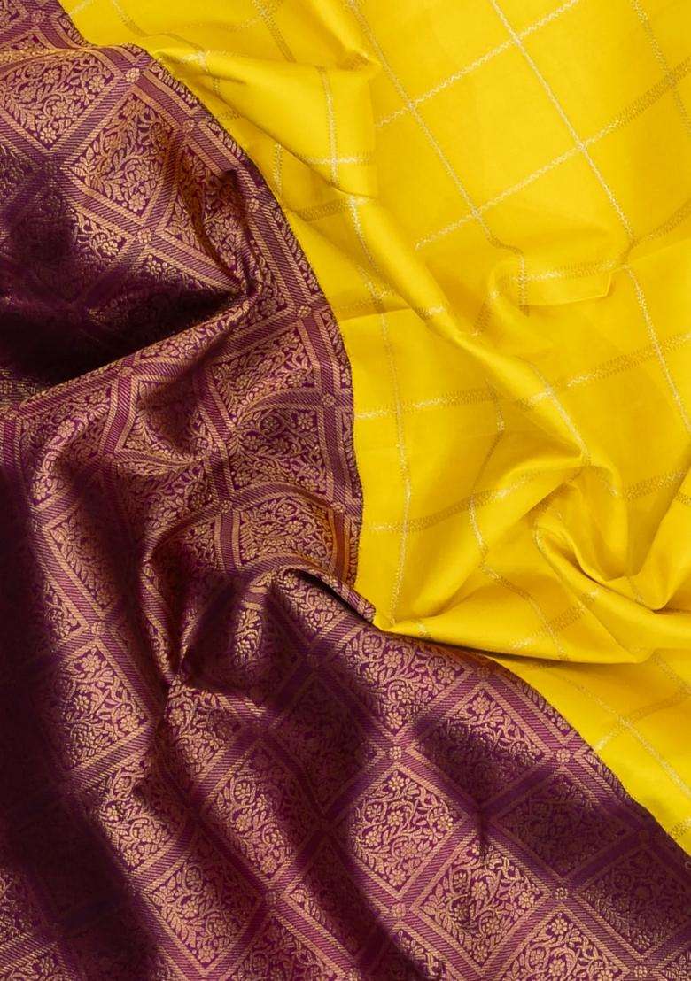 Yellow Handloom Korvai Kanchipuram Half Half Silk Saree With Korvai And Temple Border Design For Women - Indya