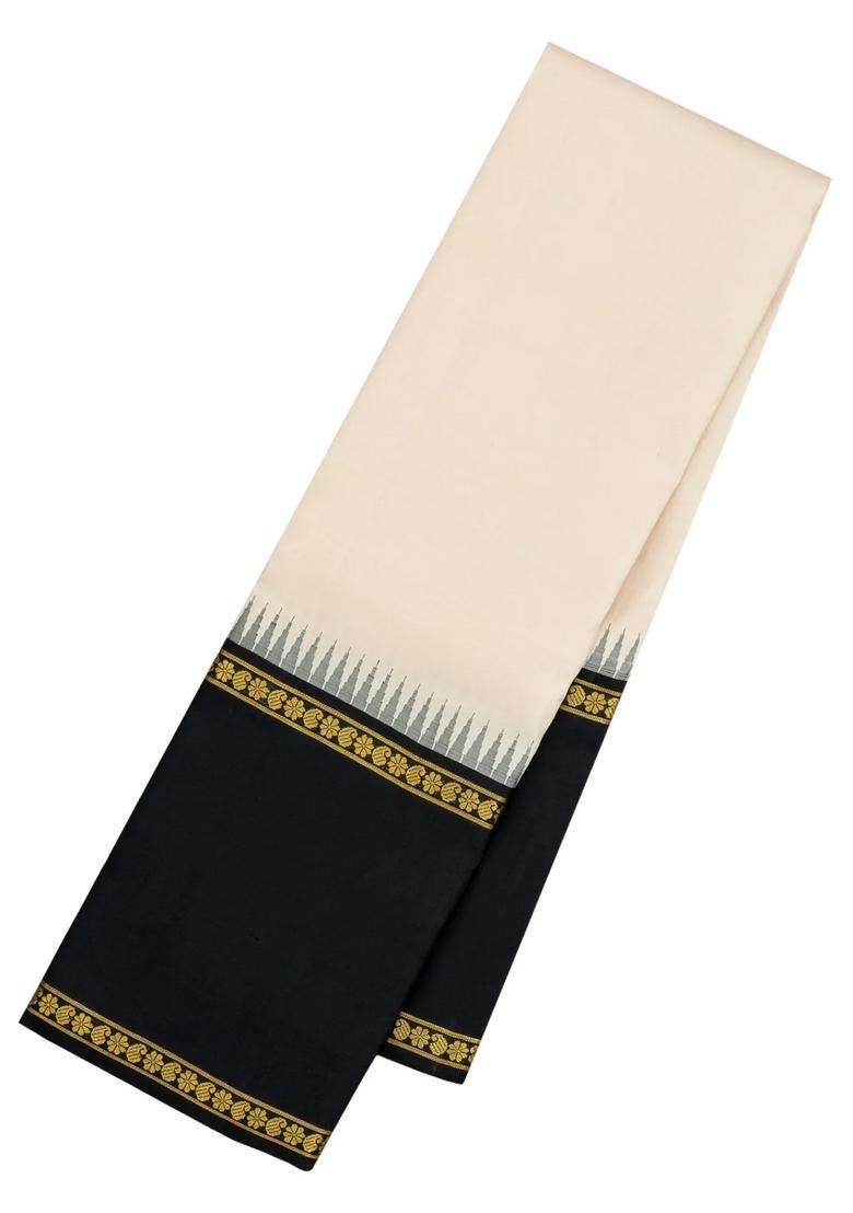 White Handloom Korvai Kanchipuram Silk Saree With Black Border With Korvai And Temple Border Design For Women - Indya