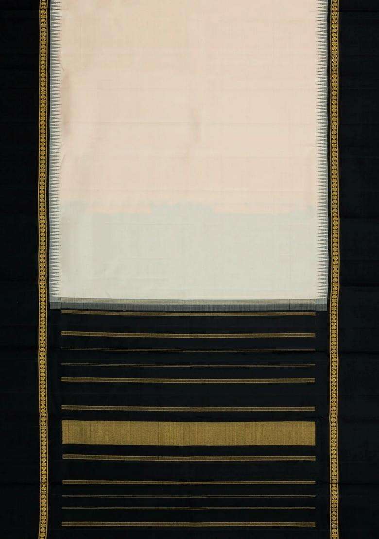 White Handloom Korvai Kanchipuram Silk Saree With Black Border With Korvai And Temple Border Design For Women - Indya