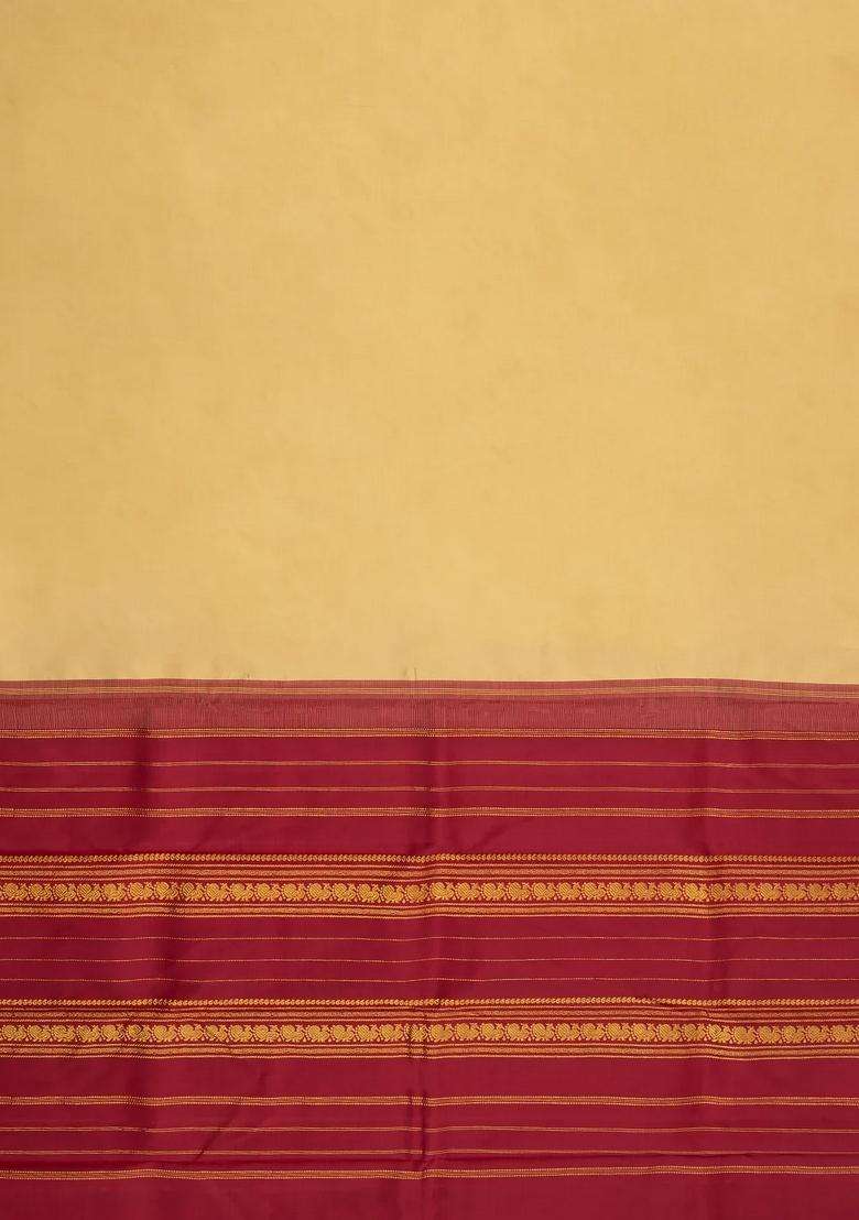 Sandal Handloom Korvai Kanchipuram Silk Saree With Crimson Border With Korvai And Temple Border Design For Women - Indya