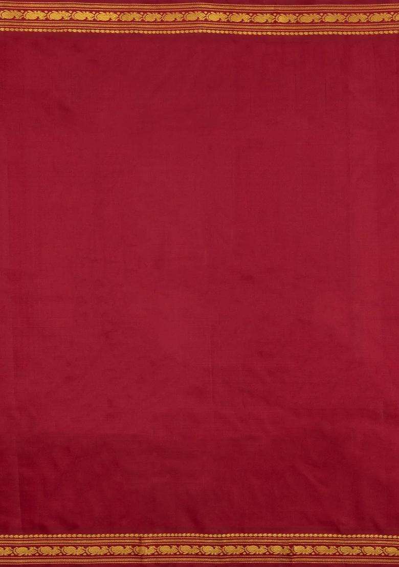 Sandal Handloom Korvai Kanchipuram Silk Saree With Crimson Border With Korvai And Temple Border Design For Women - Indya