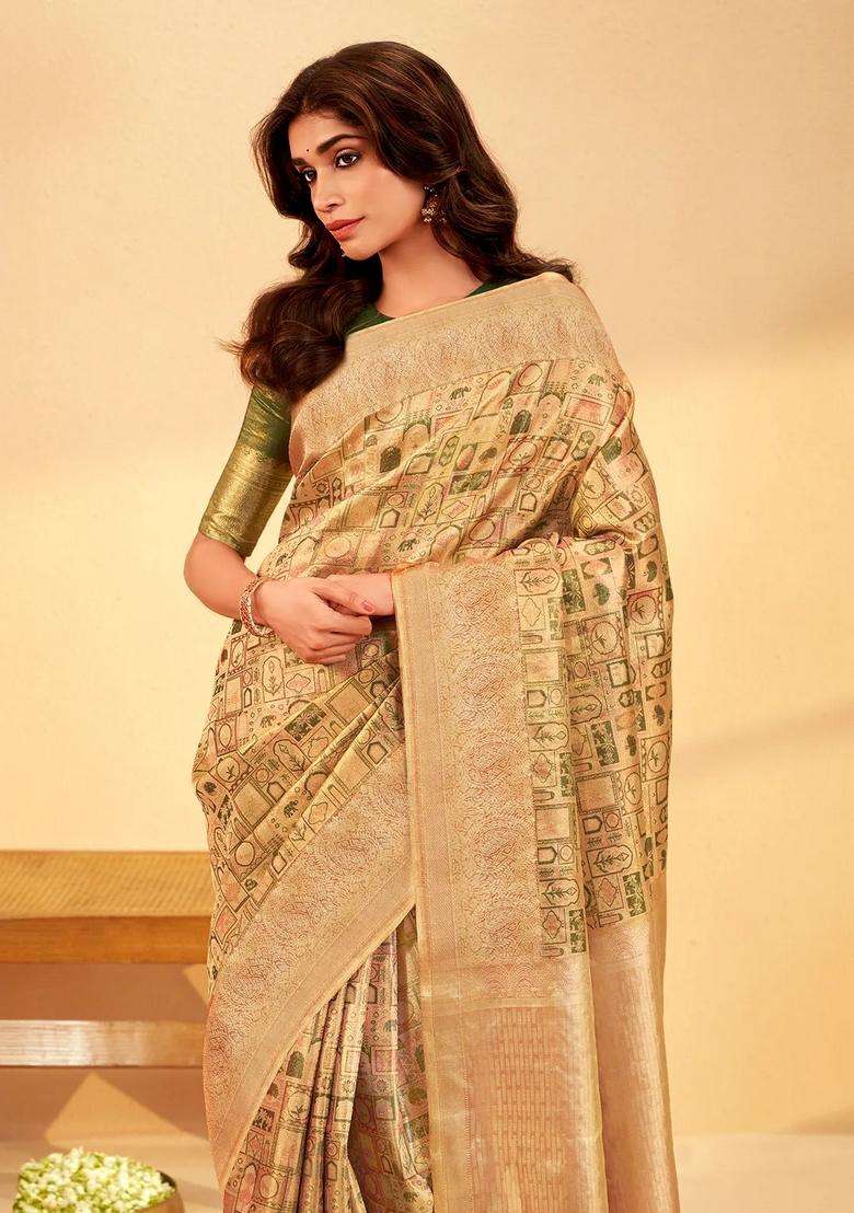 Light Peach Handloom Kanchipuram Silk Saree With Meena Floral Motifs With Buttas And Brocade Design For Women - Indya