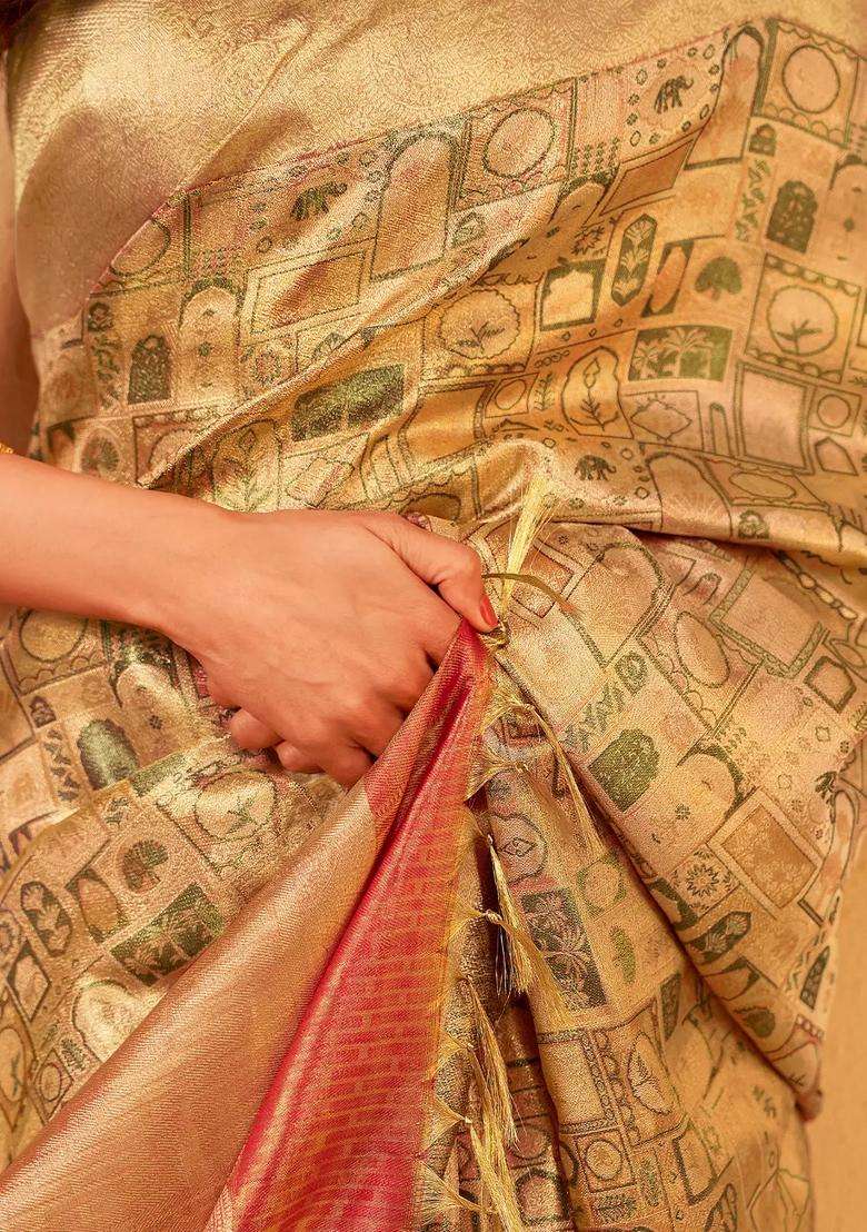 Light Peach Handloom Kanchipuram Silk Saree With Meena Floral Motifs With Buttas And Brocade Design For Women - Indya