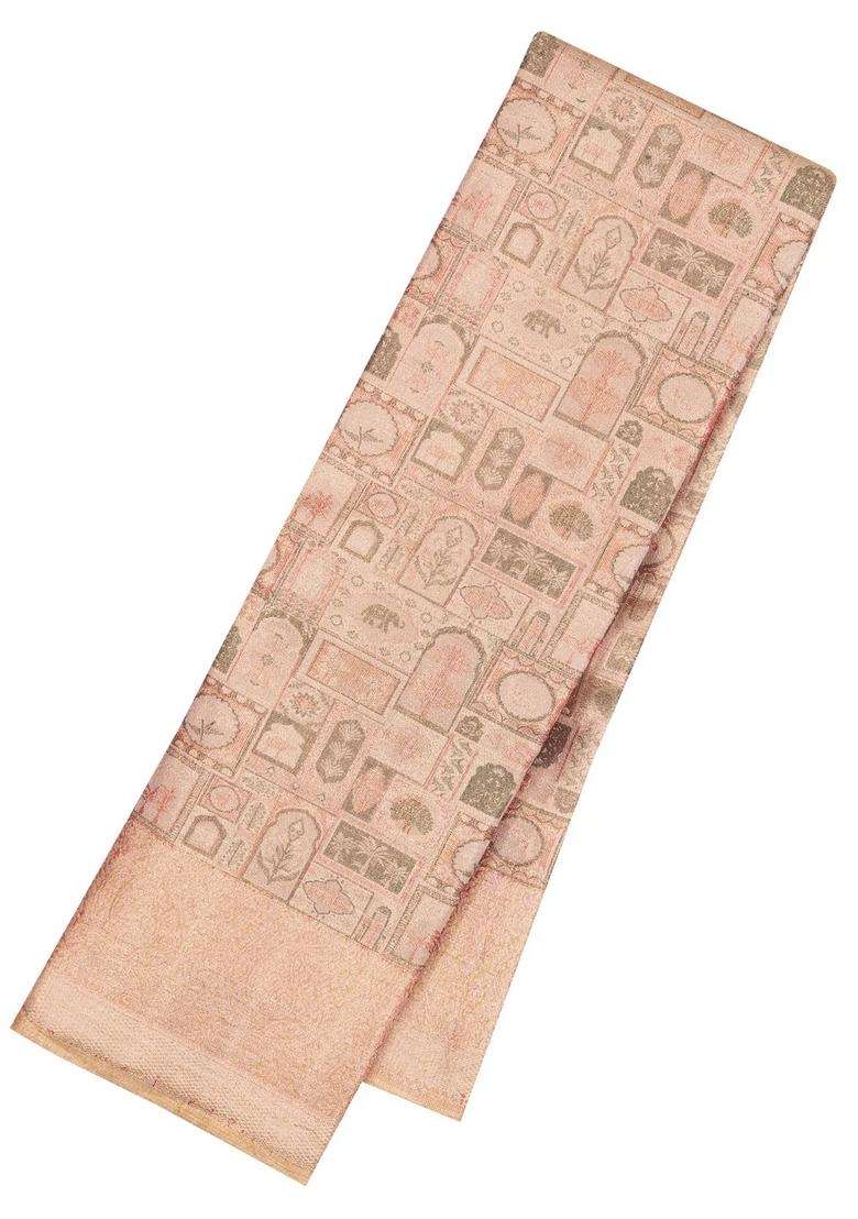 Light Peach Handloom Kanchipuram Silk Saree With Meena Floral Motifs With Buttas And Brocade Design For Women - Indya