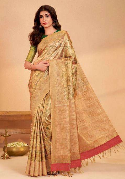 Light Peach Handloom Kanchipuram Silk Saree With Meena Floral Motifs With Buttas And Brocade Design For Women