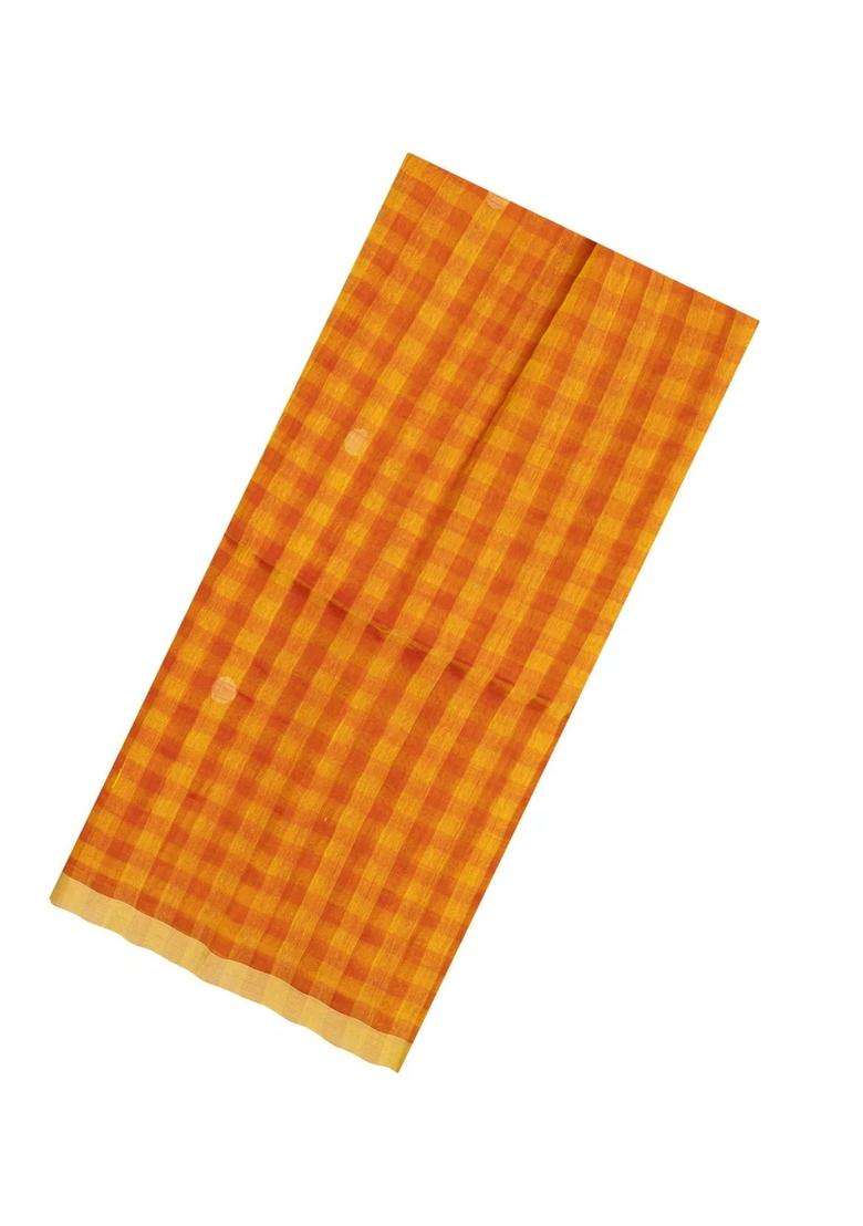 Orange Handloom Linen Saree With Checks With Checks And Stripes Design For Women - Indya