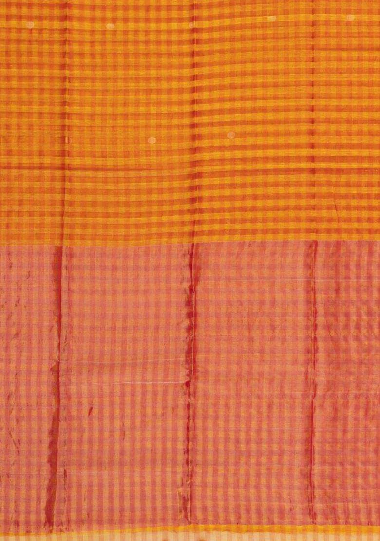 Orange Handloom Linen Saree With Checks With Checks And Stripes Design For Women - Indya