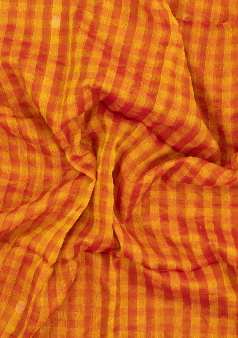 Orange Handloom Linen Saree With Checks With Checks And Stripes Design For Women - Indya