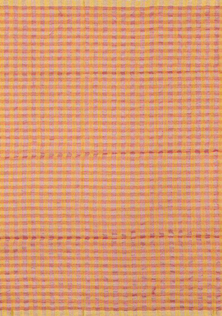 Orange Handloom Linen Saree With Checks With Checks And Stripes Design For Women - Indya