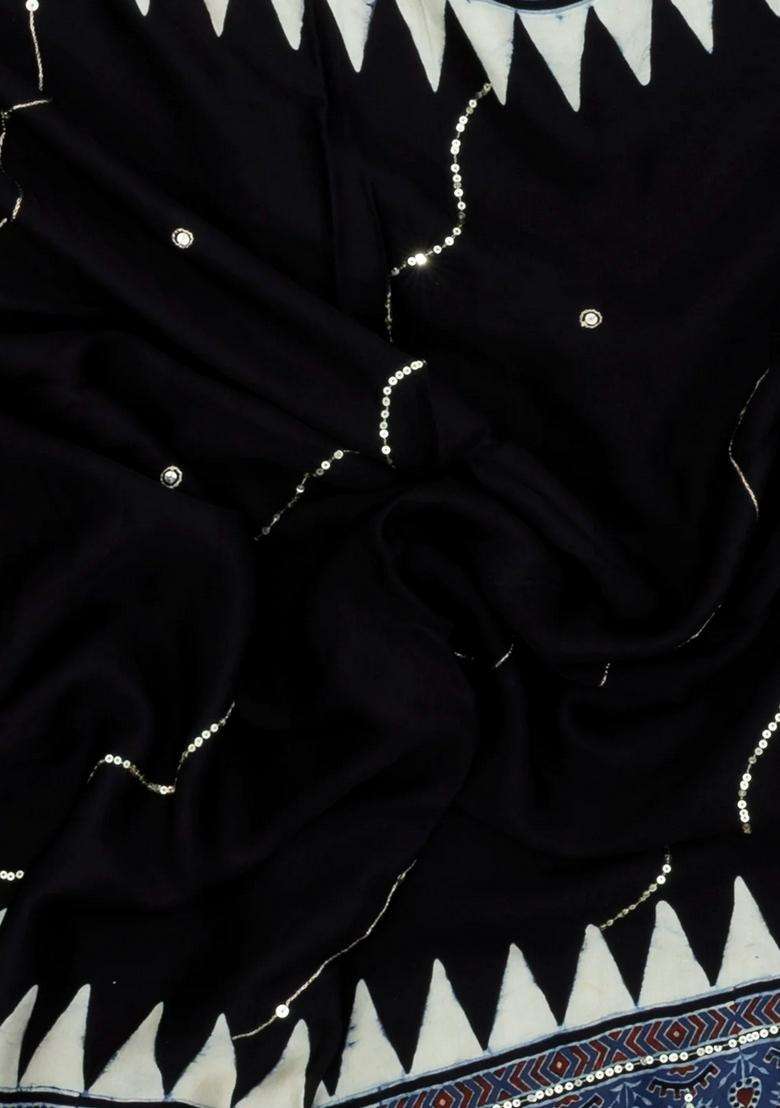 Black Printed Modal Silk Saree With Embroidered Motifs For Women - Indya