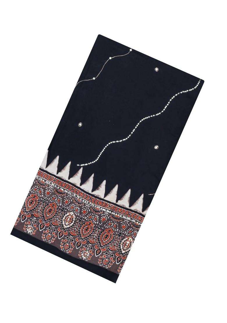 Black Printed Modal Silk Saree With Embroidered Motifs For Women - Indya