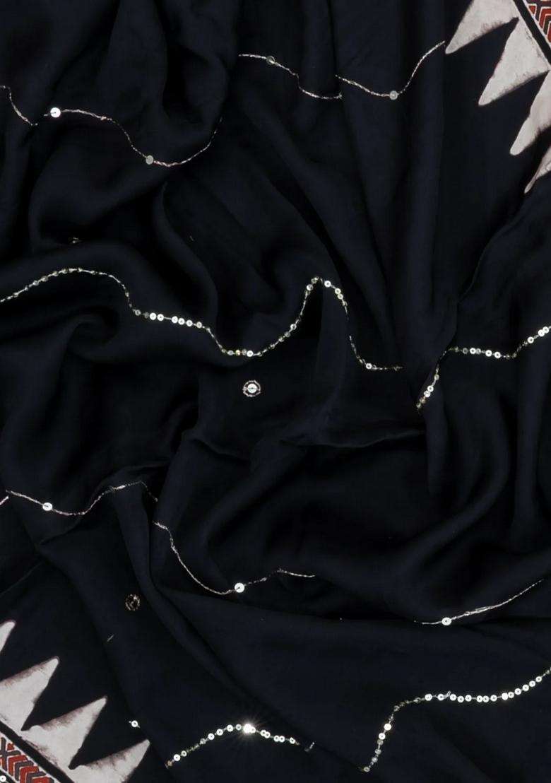 Black Printed Modal Silk Saree With Embroidered Motifs For Women - Indya