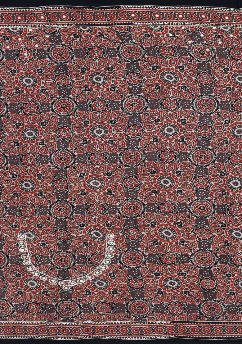 Black Printed Modal Silk Saree With Embroidered Motifs For Women - Indya