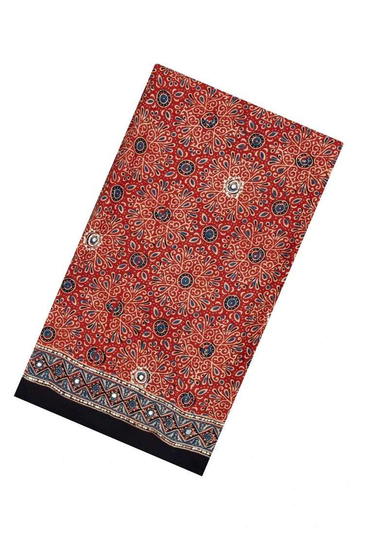 Red Printed Modal Silk Saree With Sequin Motifs With Embroidered Design For Women - Indya