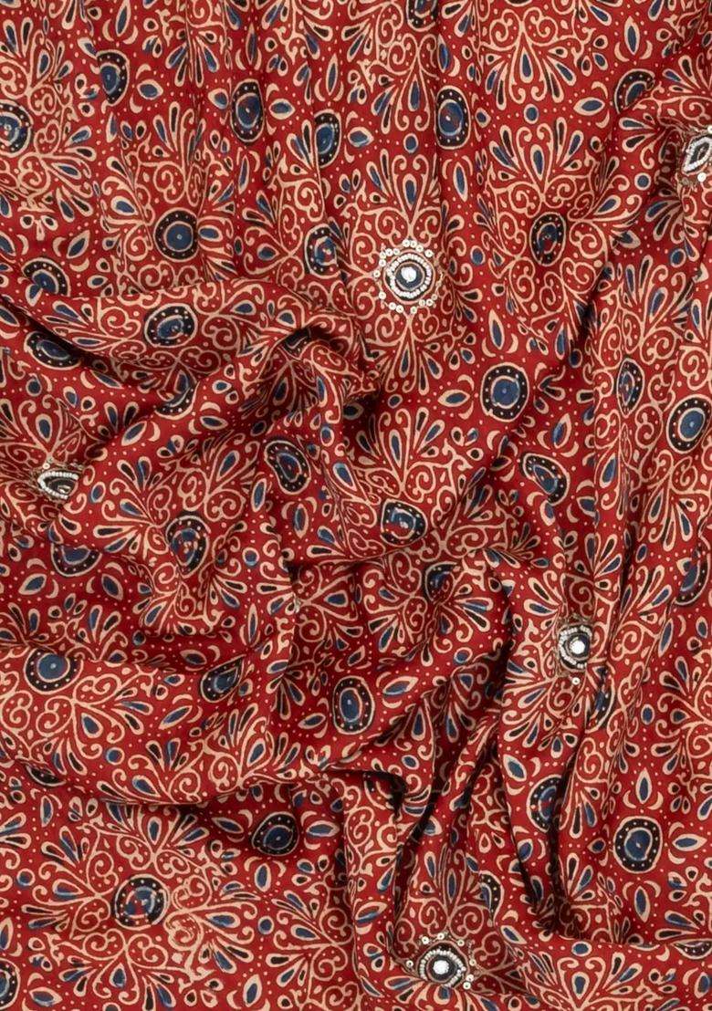 Red Printed Modal Silk Saree With Sequin Motifs With Embroidered Design For Women - Indya