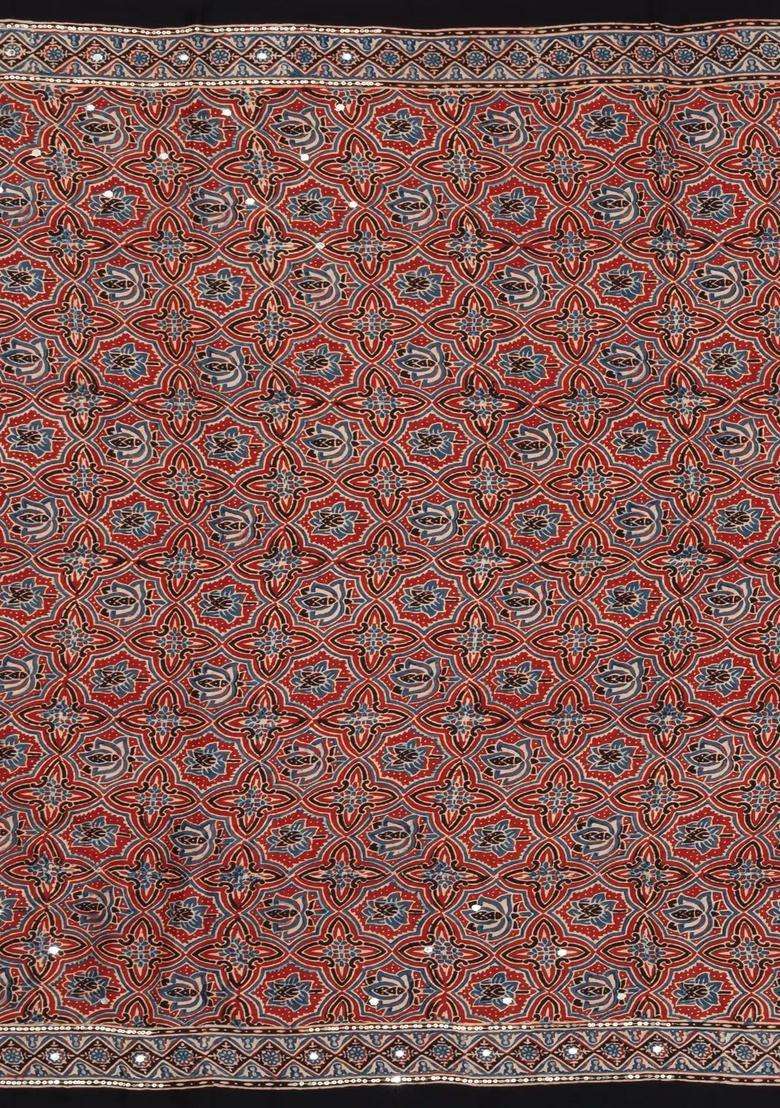Red Printed Modal Silk Saree With Sequin Motifs With Embroidered Design For Women - Indya