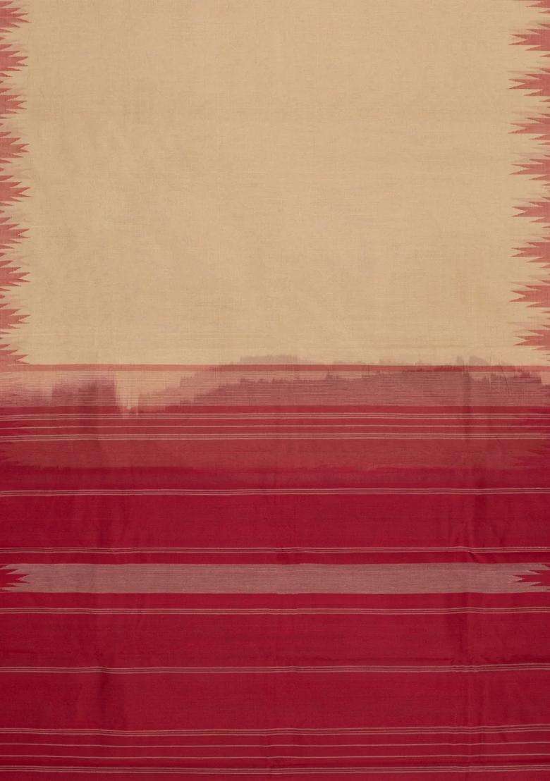 Taupe Handloom Rasipuram Cotton Saree With Temple Border With Korvai And Temple Border Design For Women - Indya