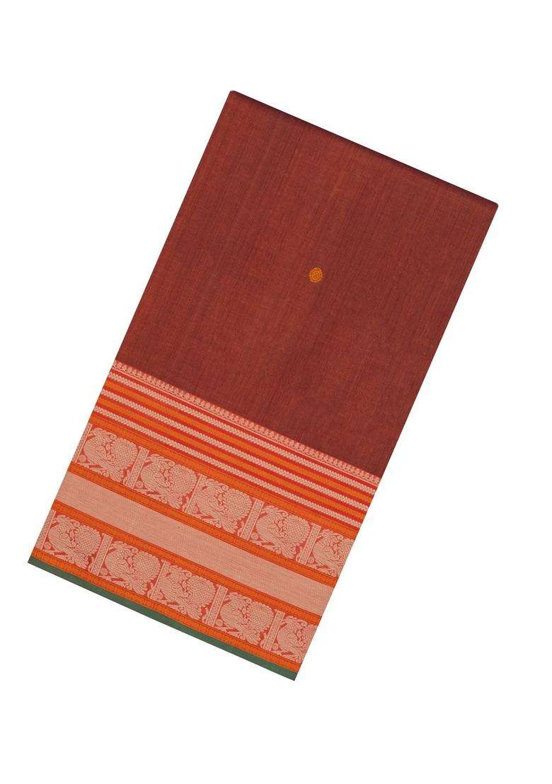 Rust Handloom Silk Cotton Saree With Annam Buttas With Buttas And Brocade Design For Women - Indya