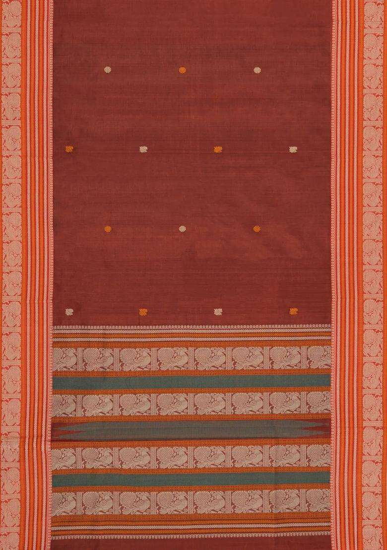 Rust Handloom Silk Cotton Saree With Annam Buttas With Buttas And Brocade Design For Women - Indya