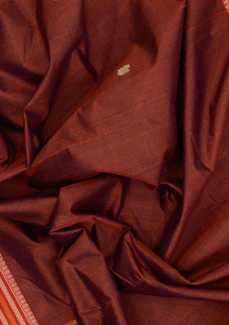 Rust Handloom Silk Cotton Saree With Annam Buttas With Buttas And Brocade Design For Women - Indya
