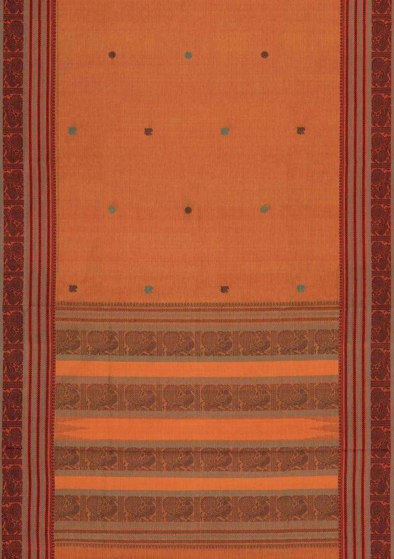 Orange Handloom Silk Cotton Saree With Annam Buttas With Buttas And Brocade Design For Women - Indya