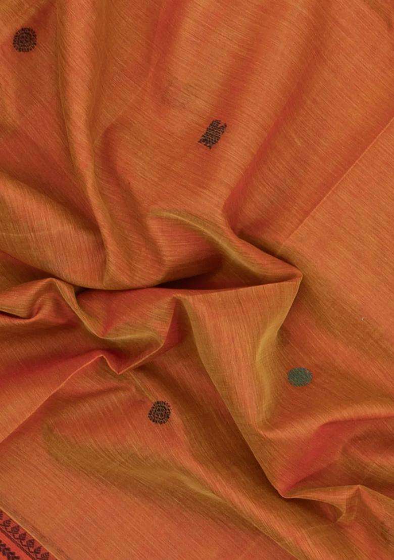 Orange Handloom Silk Cotton Saree With Annam Buttas With Buttas And Brocade Design For Women - Indya