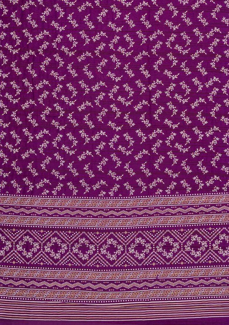 Burgundy Printed Art Dola Silk Saree With Zari Border For Women - Indya