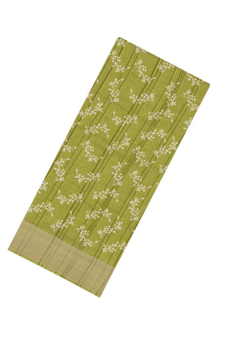 Green Printed Art Dola Silk Saree With Zari Border For Women - Indya