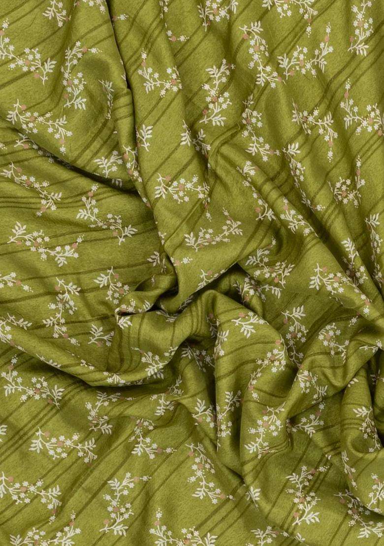 Green Printed Art Dola Silk Saree With Zari Border For Women - Indya