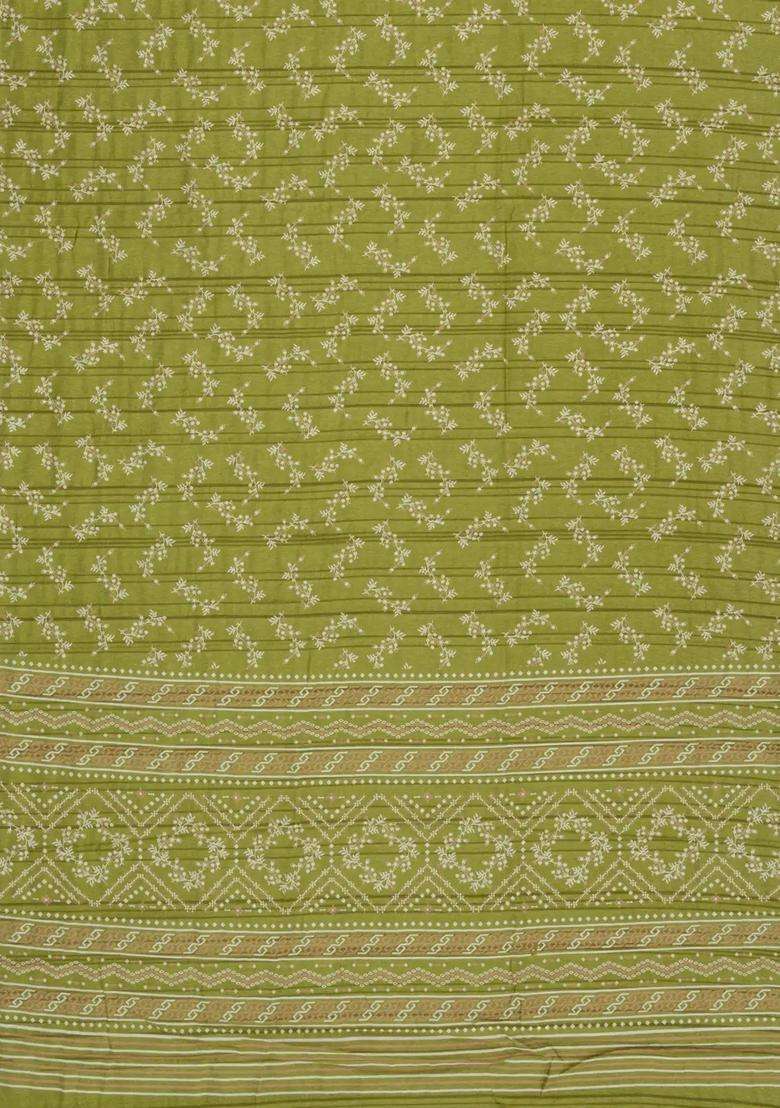Green Printed Art Dola Silk Saree With Zari Border For Women - Indya