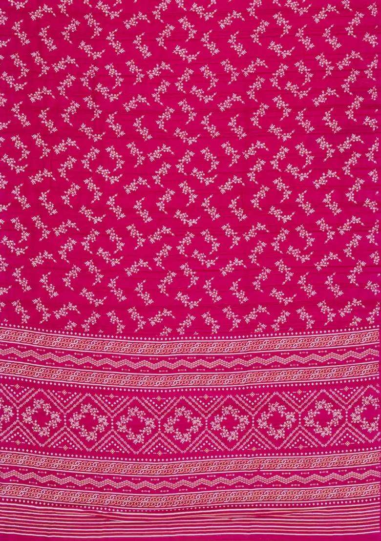 Hot Pink Printed Art Dola Silk Saree With Zari Border For Women - Indya