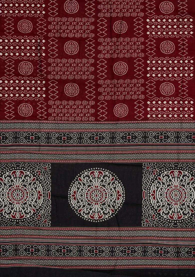 Maroon Printed Blended Chanderi Cotton Saree With Zari Border For Women - Indya