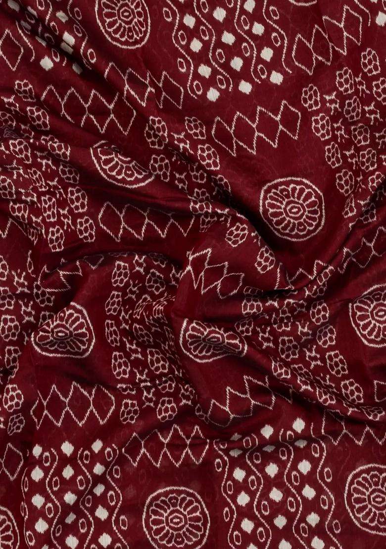 Maroon Printed Blended Chanderi Cotton Saree With Zari Border For Women - Indya
