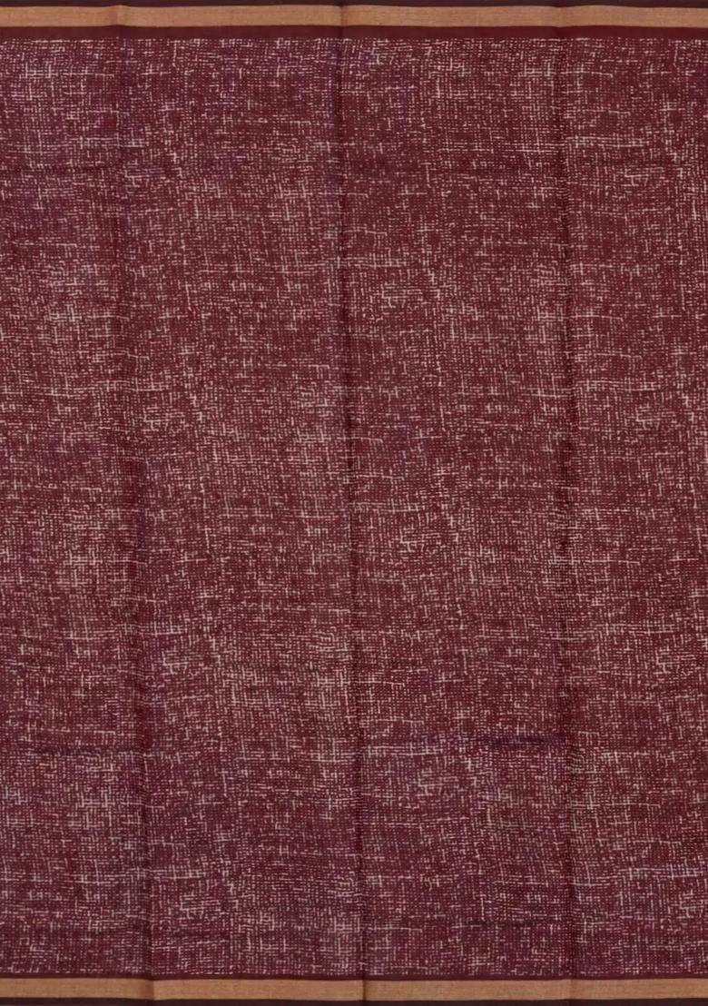 Maroon Printed Blended Chanderi Cotton Saree With Zari Border For Women - Indya