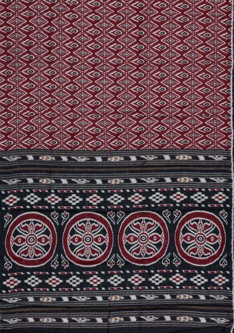 Burgundy Burugndy Printed Blended Chanderi Cotton Saree With Zari Border For Women - Indya