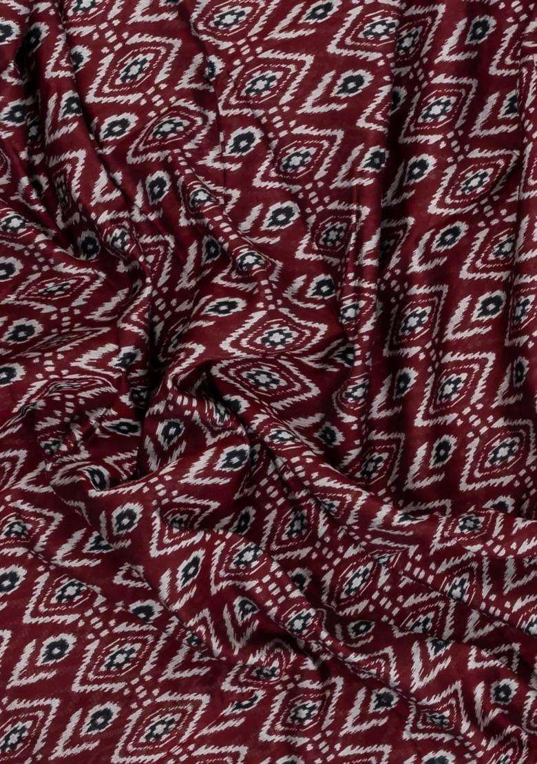 Burgundy Burugndy Printed Blended Chanderi Cotton Saree With Zari Border For Women - Indya