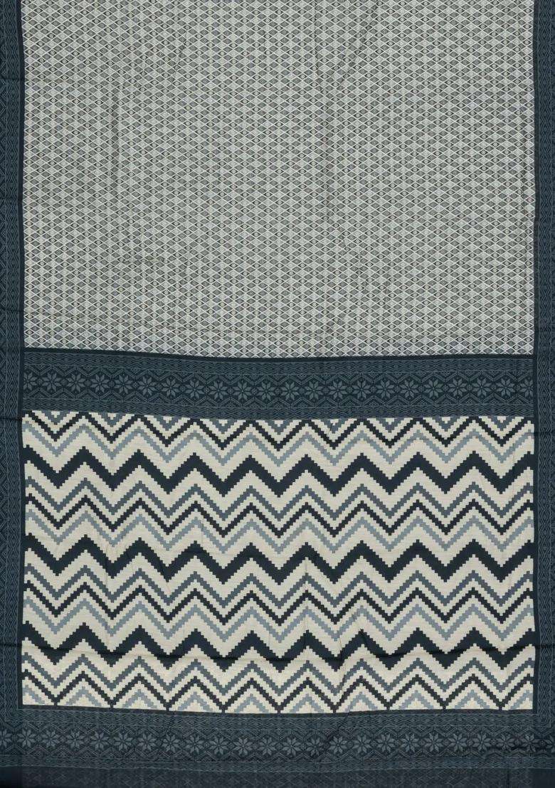 Grey Printed Blended Chanderi Cotton Saree With Zari Border For Women - Indya