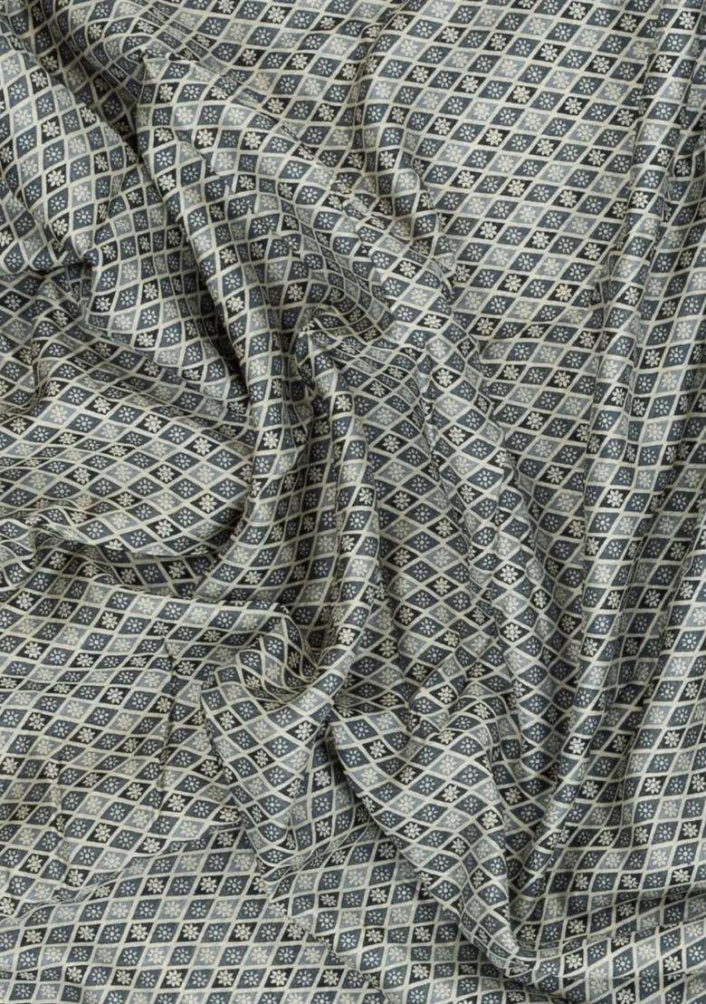 Grey Printed Blended Chanderi Cotton Saree With Zari Border For Women - Indya