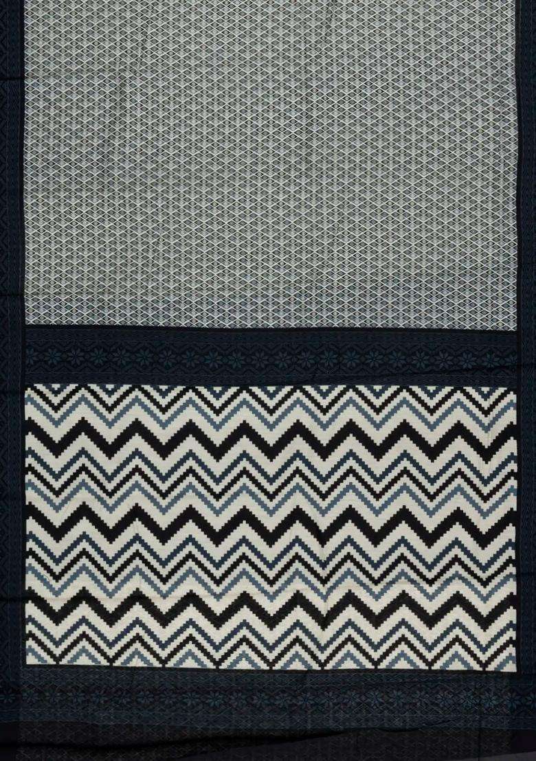 Black Printed Blended Chanderi Cotton Saree With Zari Border For Women - Indya