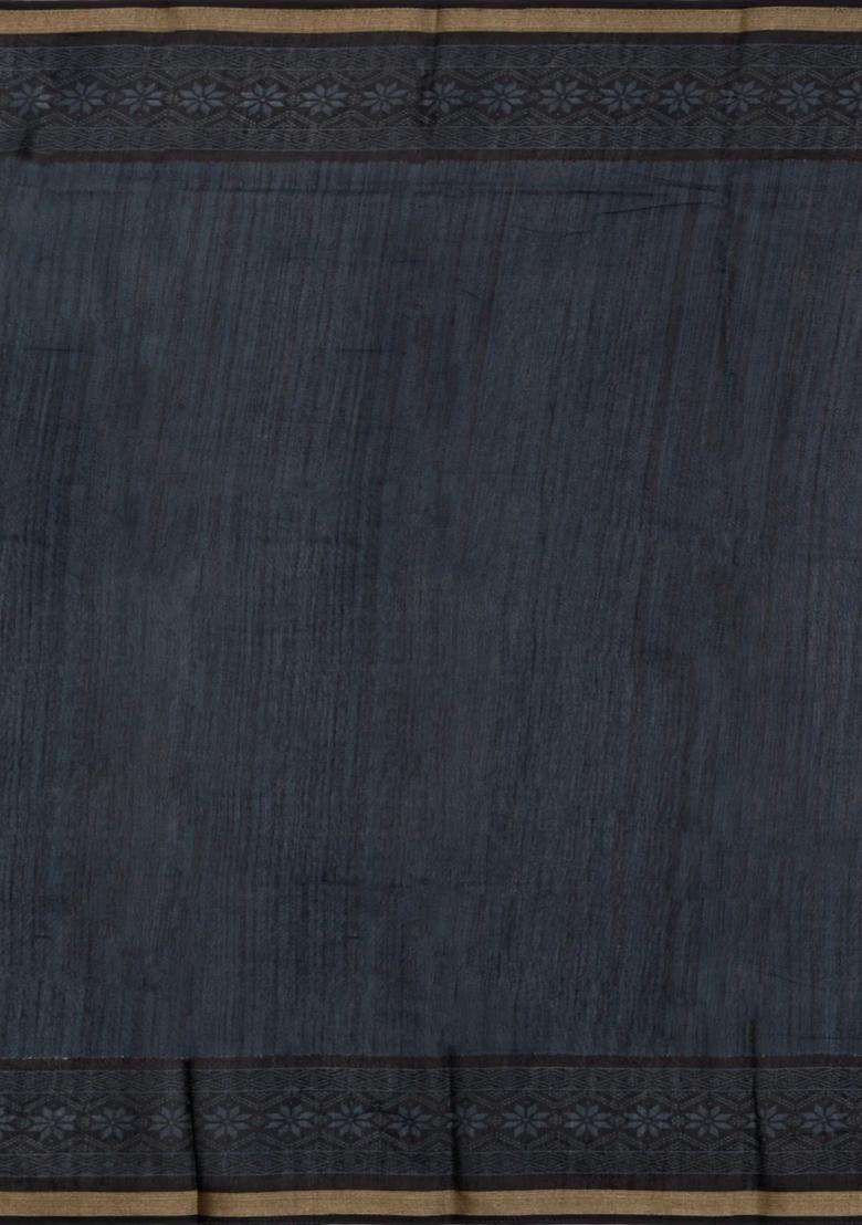 Black Printed Blended Chanderi Cotton Saree With Zari Border For Women - Indya