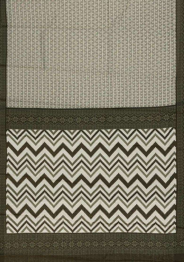 Green Printed Blended Chanderi Cotton Saree With Zari Border For Women - Indya