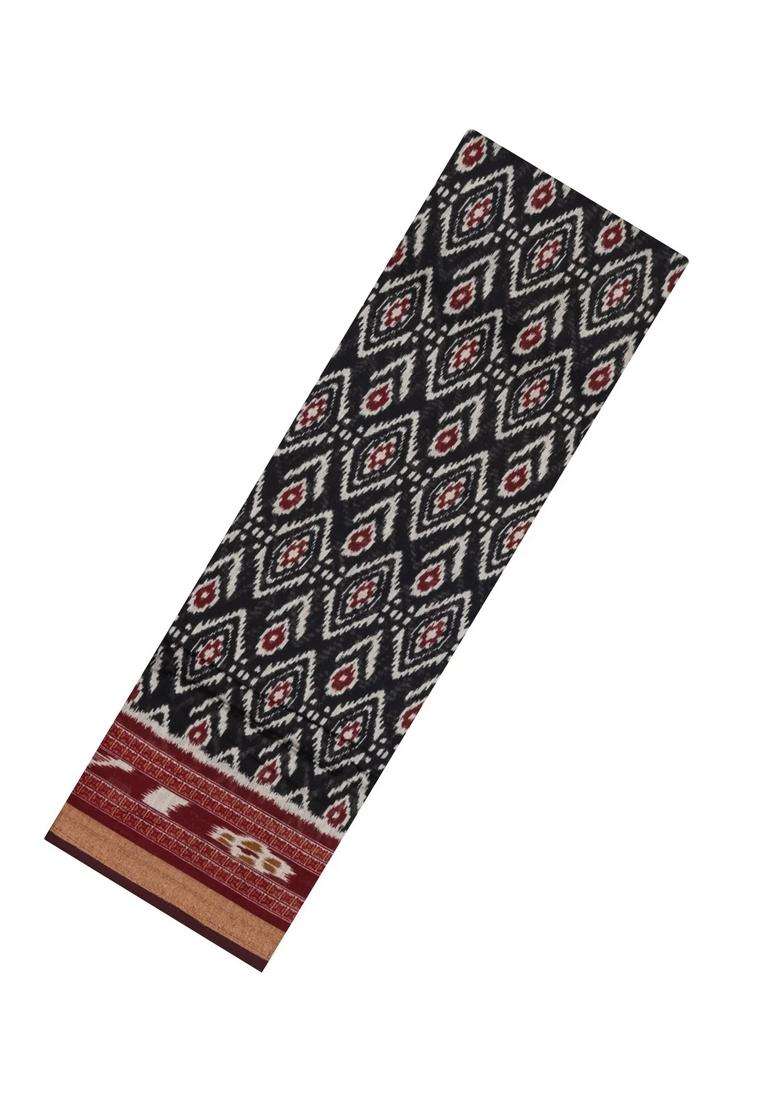 Black Printed Blended Chanderi Cotton Saree With Zari Border For Women - Indya