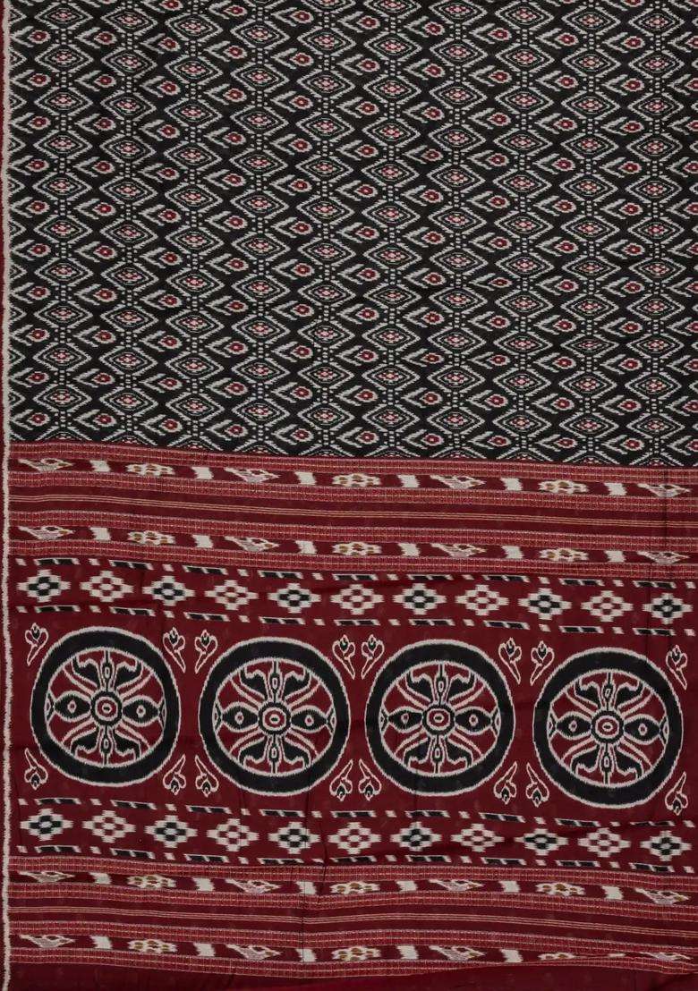 Black Printed Blended Chanderi Cotton Saree With Zari Border For Women - Indya