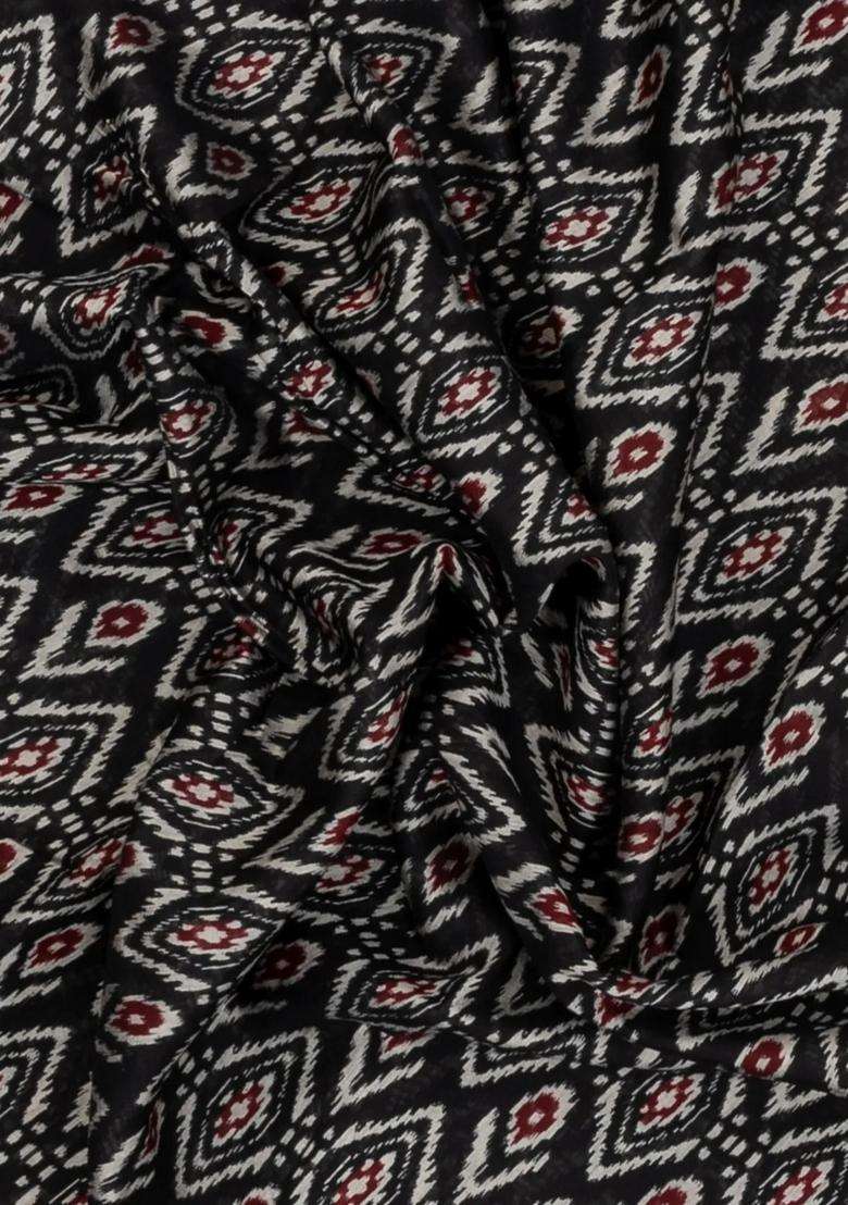 Black Printed Blended Chanderi Cotton Saree With Zari Border For Women - Indya